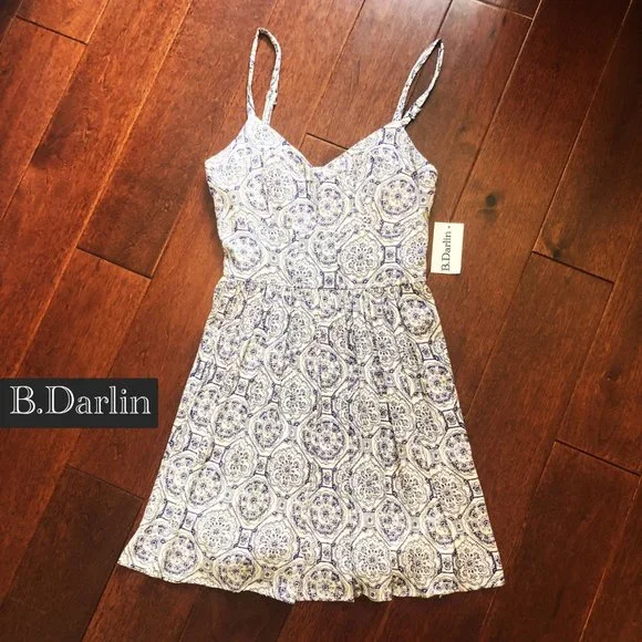 B.Darlin Paisley Print Corset Waist Fit-And-Flare Dress / Navy Blue & White - Picture 3 of 11